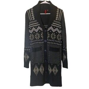 𝅺5/48 by Saks Long Fair Isle Duster Grandpa Cardigan Size S Black Gray